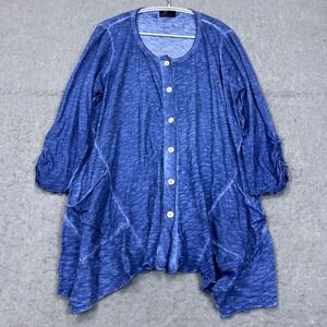 Fenini Top Womens Small Blue Burnout Woven Button Up Pockets Lagenlook Shirt USA